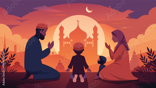 Family prays together at sunset in front of a mosque during an evening gathering in a peaceful setting