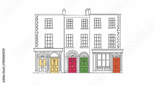 Stylized sketch of a Georgian row of houses with colorful doors