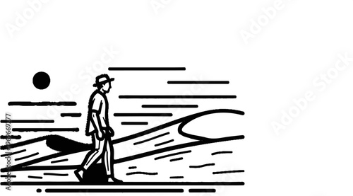 Stylized sketch of a lone figure walking across a sandy expanse under a circular sun