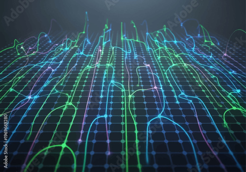 Vibrant neon lines intersect and pulse across a dark grid background