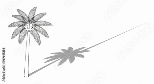 Stylized sketch of a palm tree with coconuts casting a long shadow