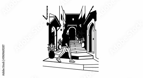 Stylized sketch of a person walking up stairs in a narrow alley