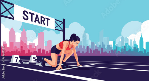 Female athlete in a red top and black shorts preparing to start a race at the blocks on an urban track with a city skyline.