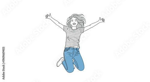 Young joyful girl jumping with arms wide open in excitement and happiness isolated on a plain white background.
