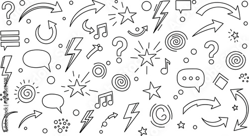 Hand drawn doodle elements set vector illustration featuring arrows speech bubbles lightning stars music notes and abstract symbols