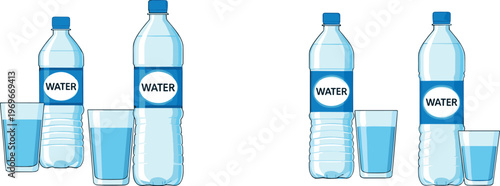Illustration of Plastic Water Bottles with Glasses of Water, Ideal for Hydration, Beverage, and Packaging Themed Designs