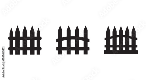 Set of three different wooden fence icons with pointed pickets  various fence designs  black silhouettes on white background
