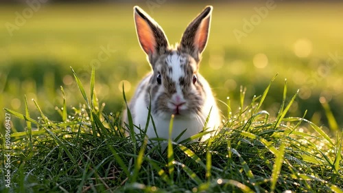 Rabbit with large ears peeks through tall green grass in a sunlit field, showcasing its curious expression and soft fur in a natural outdoor setting