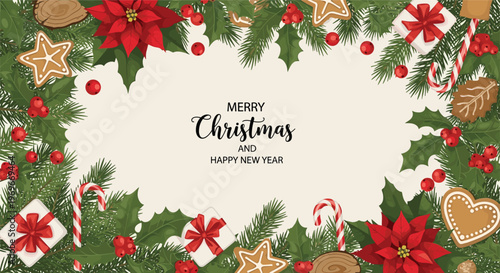 Festive frame with merry christmas and happy new year text surrounded by pine branches, holly, gifts, and gingerbread cookies.