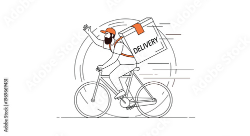 Courier riding a bicycle with a large delivery box on his back while waving and moving fast for efficient logistics services.