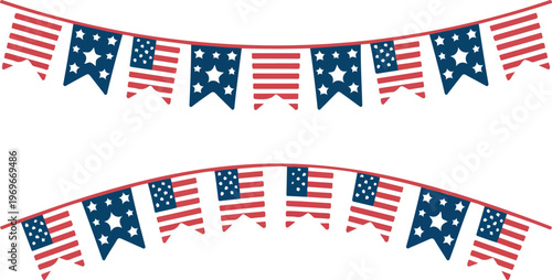 Patriotic American Flag Bunting Banner Vector Set Featuring US Stars And Stripes Pennants For Fourth Of July Independence Day Celebration Decor