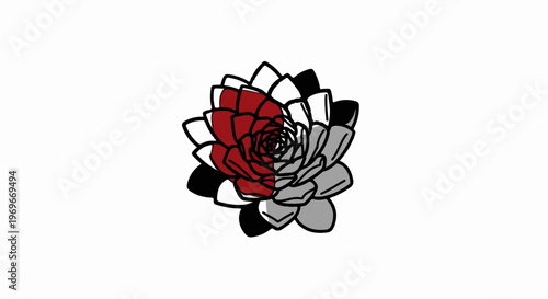 Stylized succulent with red, gray, black, and white petals