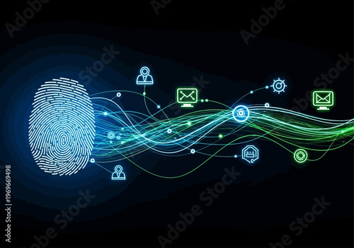 A futuristic illustration of glowing blue network connections and icons flowing through a digital landscape with technology and communication symbols.