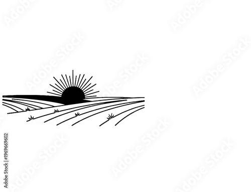 Stylized sunrise over rolling, ploughed fields with sparse grass