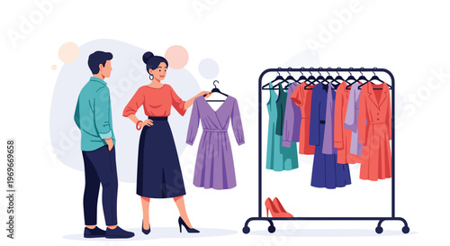 Young couple browsing for new clothes at a fashion boutique with the woman holding up a stylish purple dress on a rack.