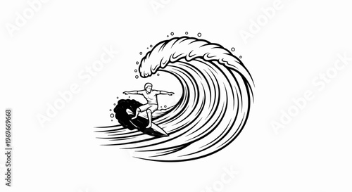 Stylized surfer riding a large wave with abstract splashes