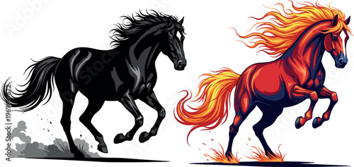 Illustration of Running Horses, One Black and One Fiery Red with Flames, Symbolizing Speed, Power, and Freedom