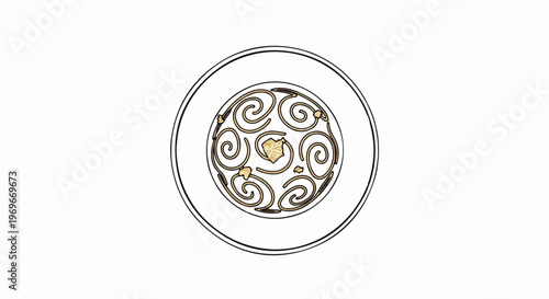 Stylized swirl pattern on a plate with scattered toppings