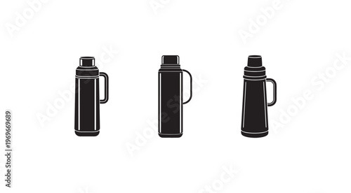 Set of three thermoses in different angles for hot and cold beverages  isolated on white background