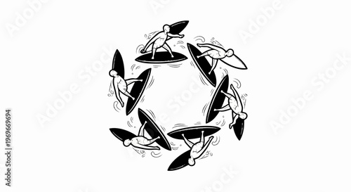 Stylized surfers in a circular pattern, black and white illustration
