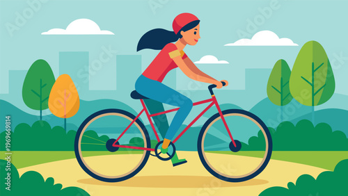 Woman rides bicycle through park with trees and buildings in the background during daytime