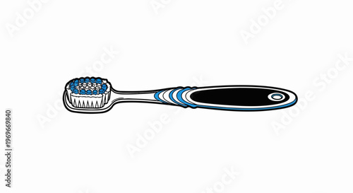 Stylized toothbrush with blue and white bristles and black handle