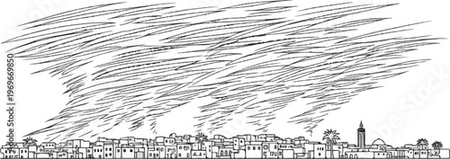 Stylized tornado swirling above a sketched desert town with palm trees