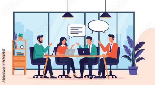 Business team having a productive meeting around a conference table with laptops and speech bubbles in a modern office.