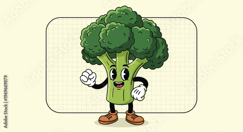 Strong and healthy cartoon broccoli character flexing its muscles and smiling for nutrition and healthy eating awareness.