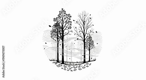 Stylized trees with falling leaves and swirling water patterns