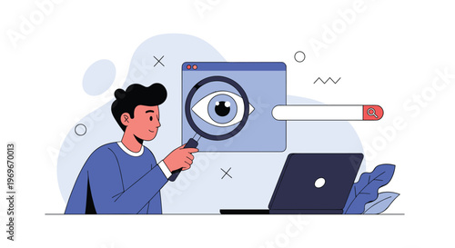 Man using a large magnifying glass to search for information and browse the web on his laptop at a modern workspace.