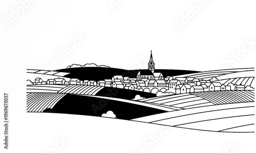 Stylized village nestled among rolling hills and cultivated fields