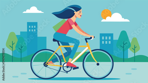 Woman rides a bicycle through a city park on a sunny day with green trees and buildings in the background