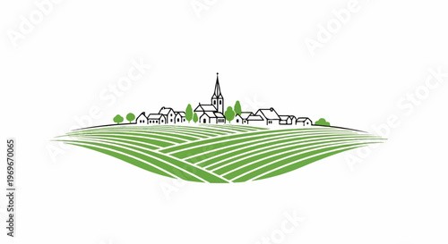 Stylized village nestled amongst green, rolling hills and fields