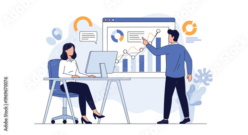 Financial analysts working together to review business performance data and charts on a large screen in a modern office.