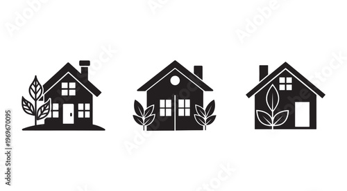 Setofthreeblackhouseiconswithleavesonwhitebackground