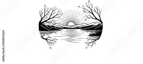 Stylized sunrise over a serene lake with silhouetted trees and mountains