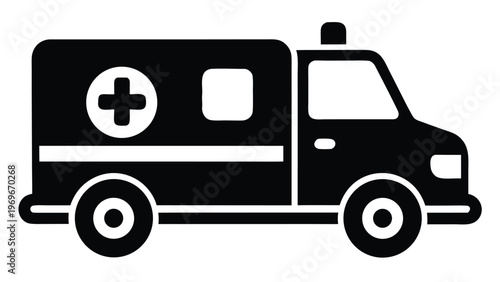 Ambulance drives through city streets during the day to assist people in need of medical care and emergency support