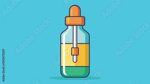 Glass bottle with dropper shows liquid in bright colors on a blue background in a simple graphic design