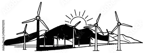 Stylized wind turbines dot a hilly landscape under a bright, radiating sun