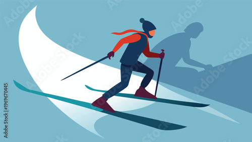 Skiers move on slopes in winter sports scene with clear blue background during bright day for outdoor activity and fun