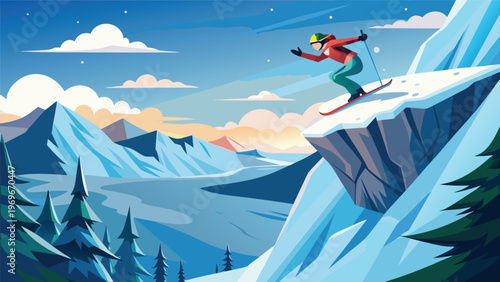 Skier performs a trick on a snow-covered cliff during sunset in a mountain range