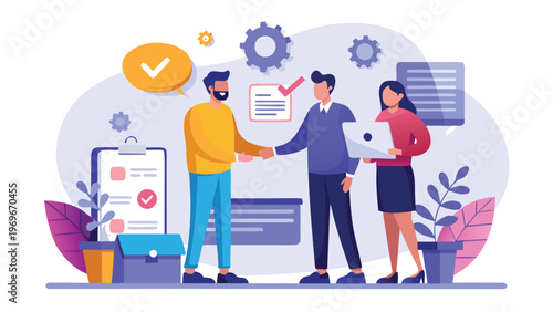 Business meeting with team members discussing and agreeing on project details in an office setting