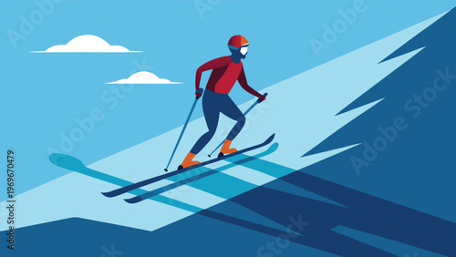 Skier is moving down a snow-covered slope on a clear day with blue sky and clouds in the background