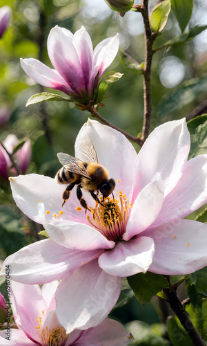 Wallpaper Mural Bee pollinating soft pink magnolia flower in vibrant garden   Torontodigital.ca
