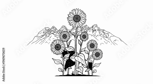 Sunflowers bloom before a dramatic mountain range in this line art