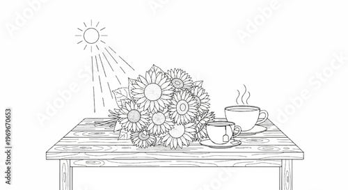 Sunlit sunflowers and steaming cups of tea on a wooden table