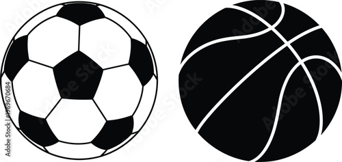 Black and white vector illustration of a soccer ball and basketball icon set for sports equipment and team game design