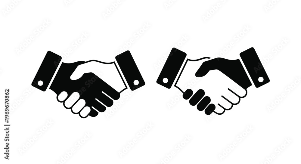Fototapeta premium Two black handshakes depicted in a modern graphic style on transparent background silhouette