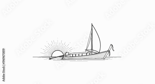 Sunrise over calm water with a sailing boat and a long pole